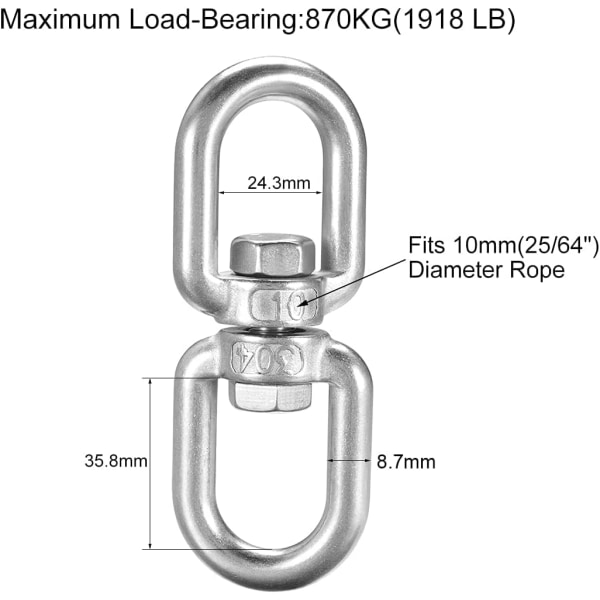 Heavy Duty M10 304 Rustfrit Stål Sving Swivel, 360 Graders Rotation Enhed Hængende Tilbehør til Web Trægynge, Hængekøjestol, Luft Yoga, Klatrereb, Hold Op Til 2000LB