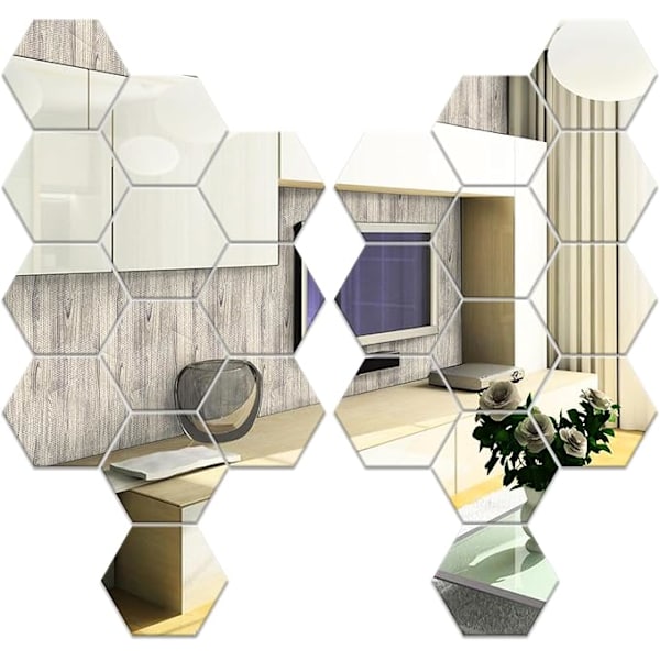 24 stk. Hexagon Vægspejl, Sølv Vægklæbende Spejl 126×110×63mm, Akryl Hexagon Selvklæbende Vægspejle til Sofa TV Baggrundsdekoration