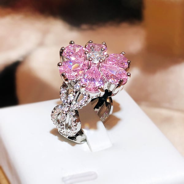 Glittrande ring med full diamant, guldcocktailring, tårformad rosa kubik 10 nummer