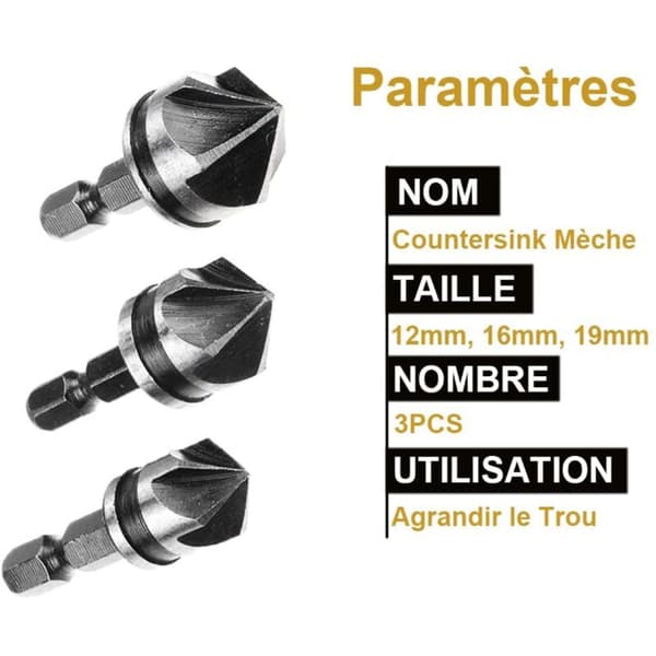3 stk. 1/4\" Hex Chamfer Cutter 5 Flute Bor Bits Chamfer Bits Sink Countersink Countersink 12mm/16mm/19mm Til Træ Metal