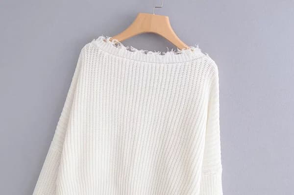Dame V-hals løs strikket sweater langærmet rippet pullover Cro