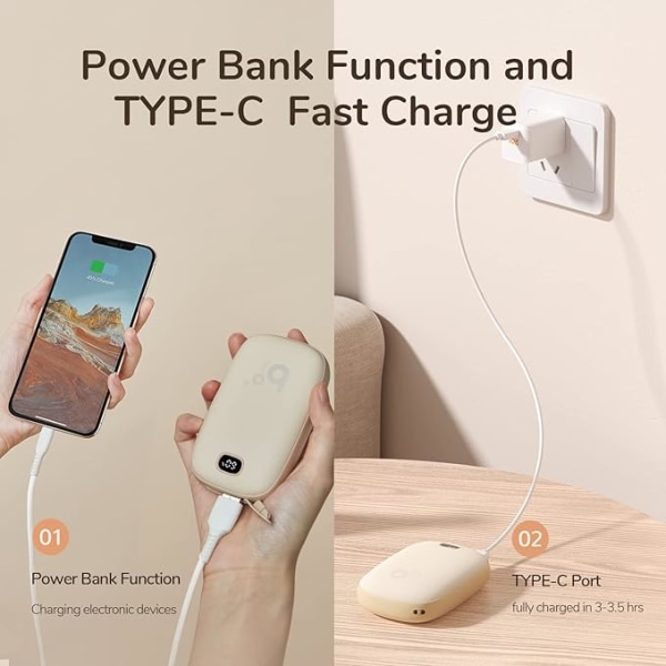Handvärmare, Uppladdningsbar Elektrisk Bärbar Fickvärmare/Powerbank, Handvärmare med LED-display, 3 nivåer, Värmebehandling Perfekt för Utomhusskidåkning