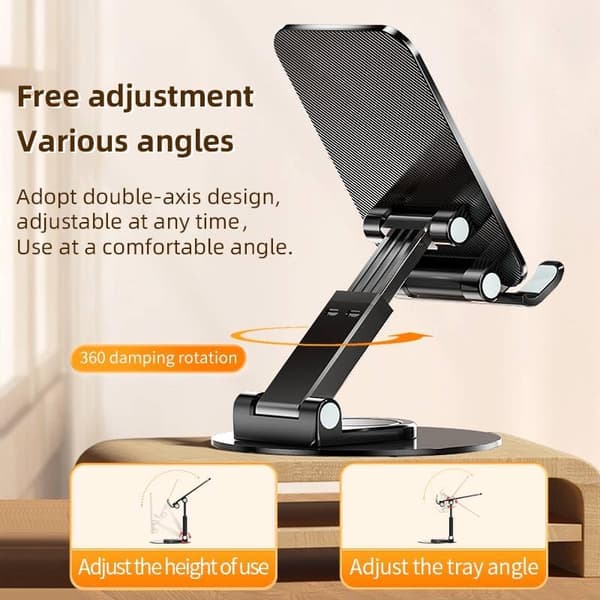 Foldbar telefonholder, skrivebords telefonholder til telefoner og tablets, sort