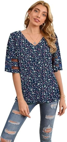 Dame V-hals Chiffon Bluse Mesh Panel Bluse 3/4 Klokkeærme Løs Top S