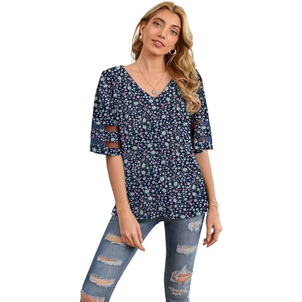 Kvinnors V-ringad chiffongblus Mesh Panel Blus 3/4 Bell Sleeve Lös Topp S