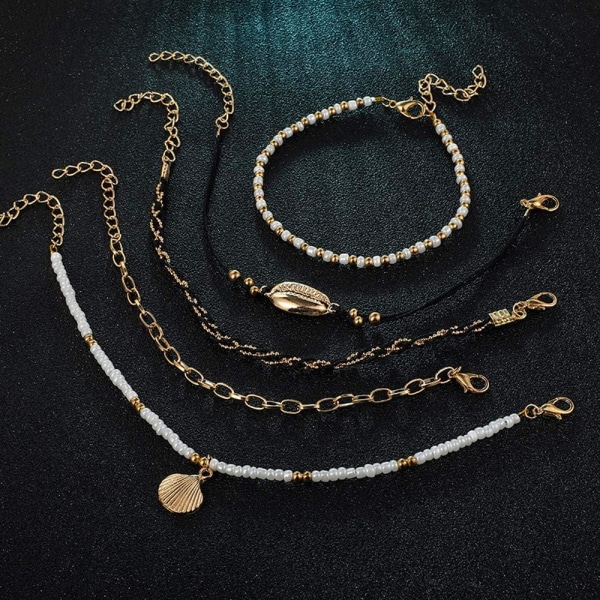Bohemia Shell Charm Pendant Anklet Set 5Pcs Sort Læder Kæde B