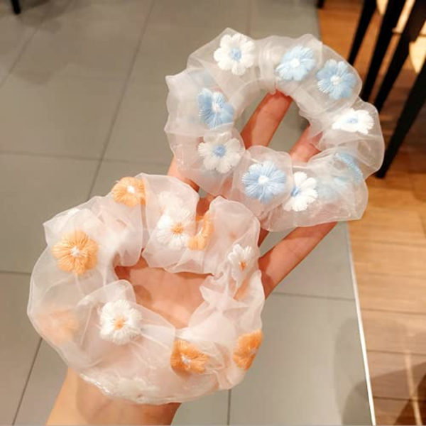 2 stk. broderet tylblomster hår scrunchie, vintage hår loop til piger og kvinder (pink, blå)