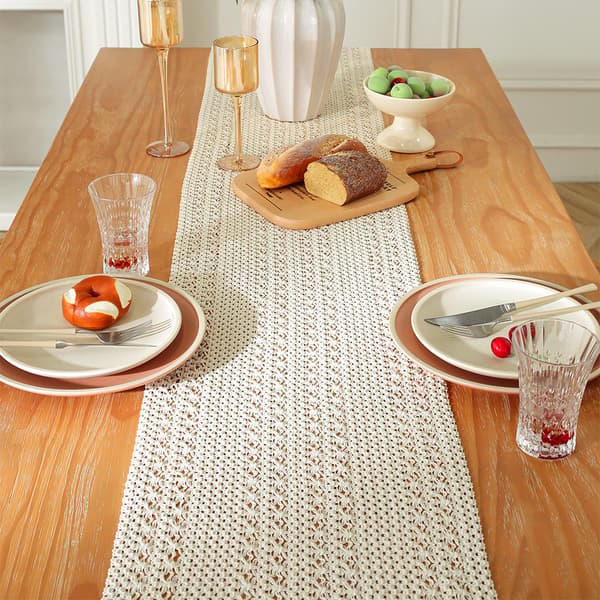 Boheme bordløber, beige, macramé, rektangulær, hæklet blonder, mesh, landhus stil, 35 x 160 cm