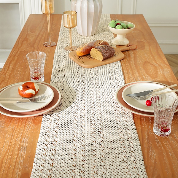 Bohemisk bordslöpare, beige, macramé, rektangulär, virkad spets, nät, lantlig stil, 35 x 160 cm