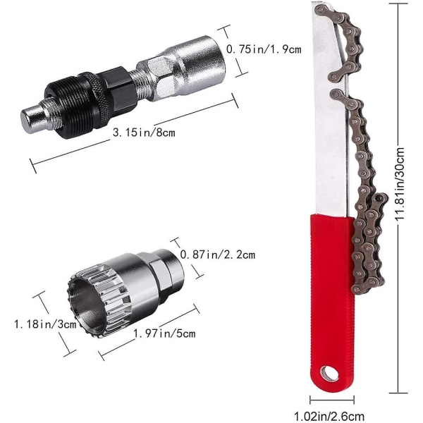 Cykelreparationsværktøjssæt, cykelkædeværktøjssæt med kædepisk, cykelkranktrækker, krankfjerner