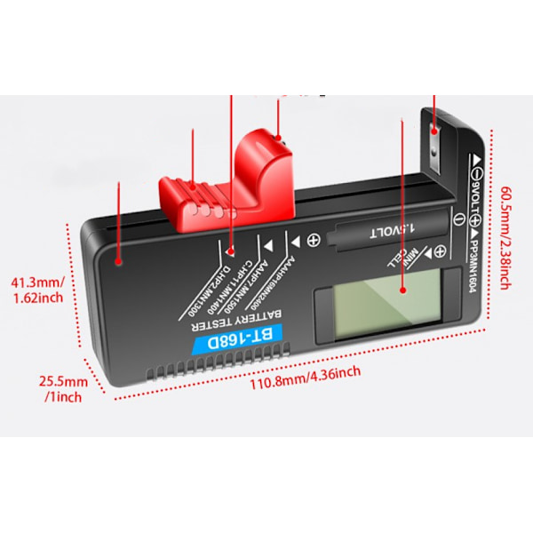 AAA AA C D Batteritester BT-168D 1,5V 9V Knappcelle Oppladbar