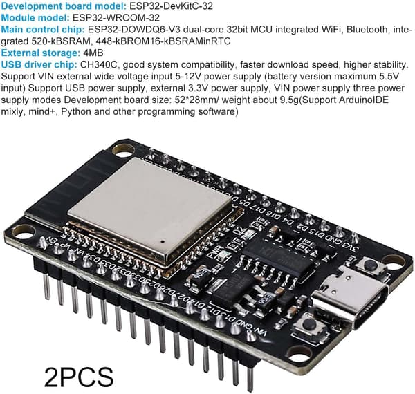 ESP32 2-pack NodeMCU-moduler utvecklingskort: ESP32 typ C NodeMCU-utveckling