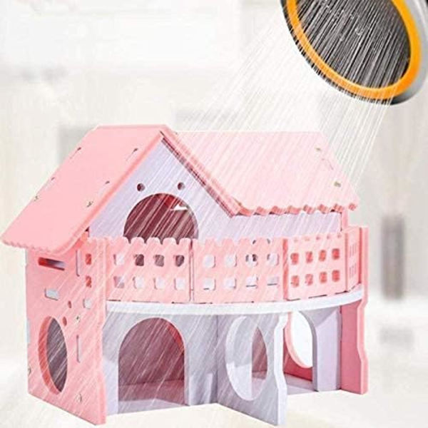 Trähus för hamster, rosa litet husdjurshus med dubbla lager villa balkong montering hamsterleksak 17 x 15 x 15 cm