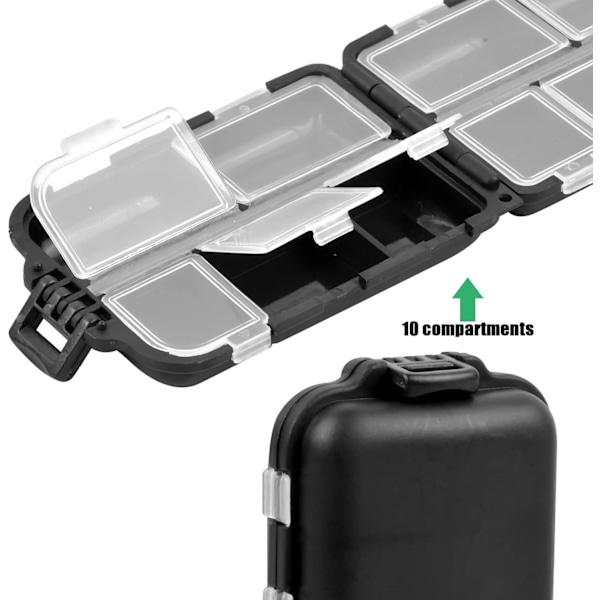 2 stk. fiskegrejsopbevaringsboks, 10 rum vandtæt grejopbevaringsboks, agnplastopbevaringsboks til små fisketilbehør, sort