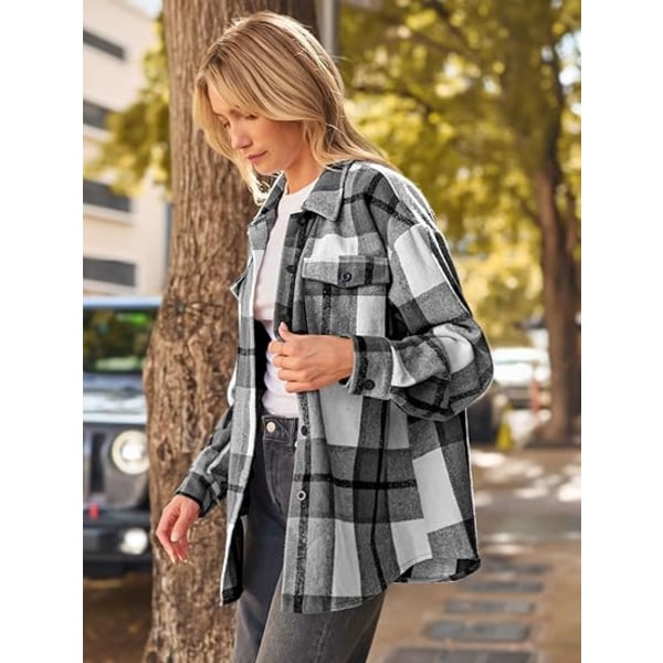 Womens Casual Plaid Shacket Button Down Langærmet Skjorte（Størrelse：L）