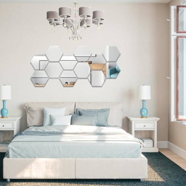 16 st Hexagon Vägg Spegel, Silver Lim Vägg Spegel 126×110×63mm, Akryl Hexagon Väggdekaler Speglar för Soffa TV Bakgrund Dekoration, Sovrum,