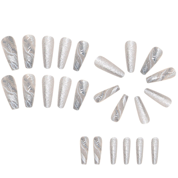 24 stk Glitter Press On Nails Grå Glossy Coffin Lange Falske Negler