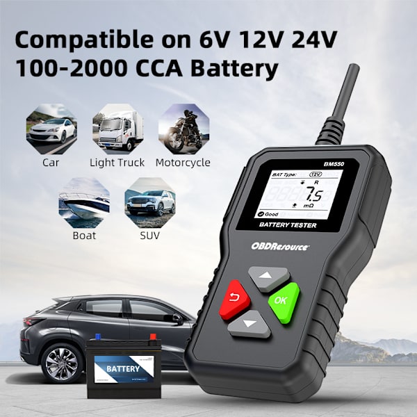 6V 12V 24V AUTO Batteritester, KINGBOLEN BM550 100-2000 CCA 2-200Ah Bilalternator Tester Digital Batterianalysator til Bil/Lastbil/Motorcykel/A