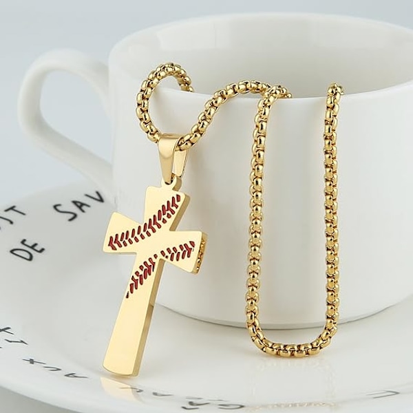 Baseball Cross Pendant, I CAN DO ALL THINGS STRENGTH Bibelvers Rustfrit Stål Halskæde 55.88 + 5.08cm Kæde，guld