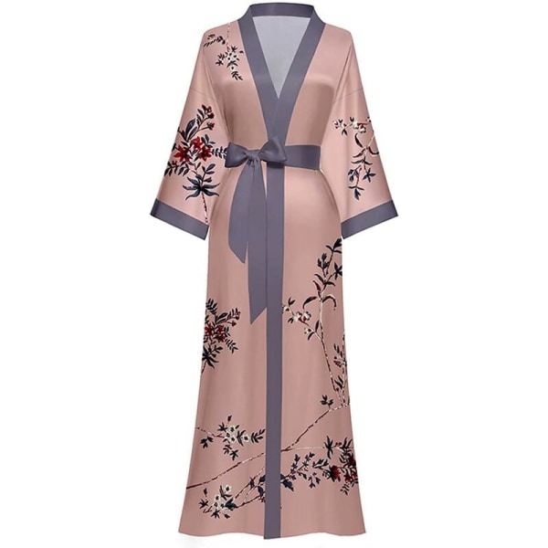 Dame lang silke kimono badekåbe blomster silkeagtig satin letvægts blød og C