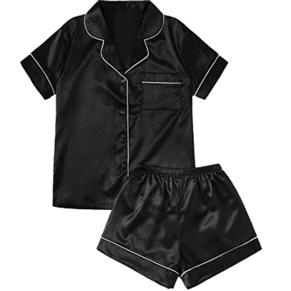 Kvinnors kortärmad nattkläder knapp ned satin 2-delad pyjamas set blå XL