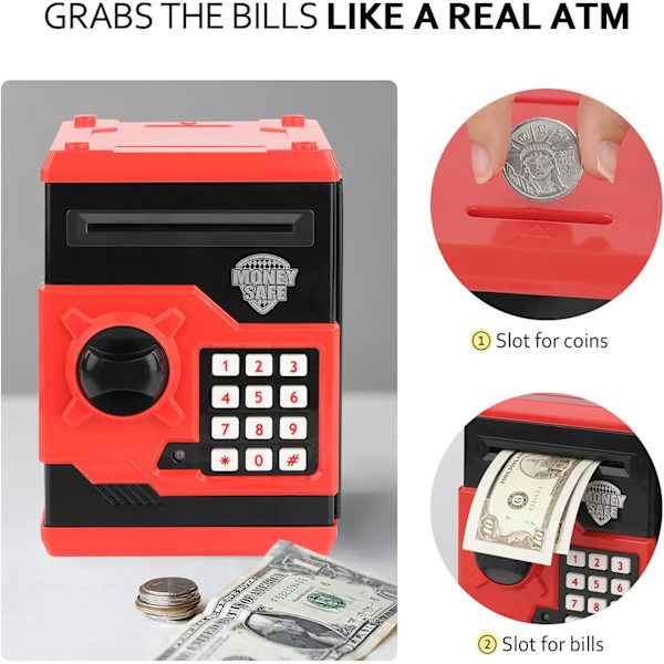 Minibank Piggy Bank for gutter og jenter, minibank myntbank penge sparebøsse med passord, barnesikker pengekrukke for voksne med automatisk gripeseddelspor, flott gavelekebank for barn (rød+svart)