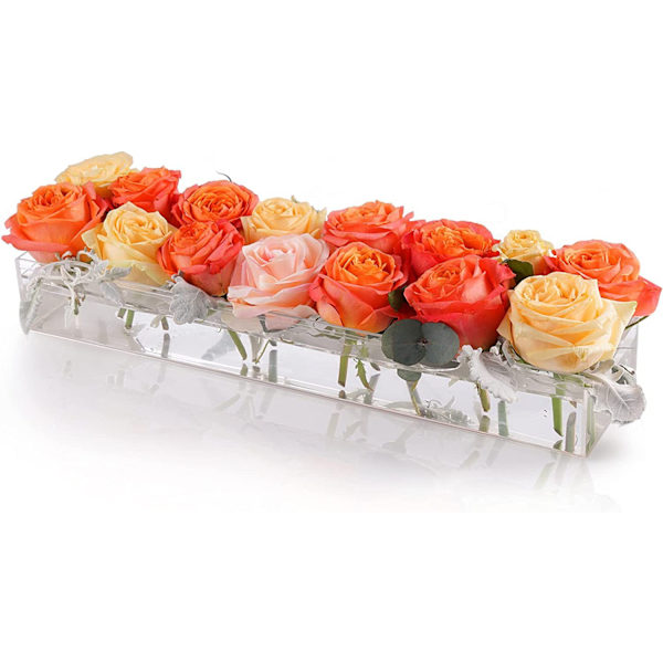 Klar akryl blomster vase rektangulært blomsteroppsett for spisebord,