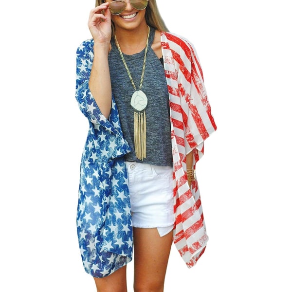 Dame American Flag Kimono Cover Up Beachwear Cardigan Loose Top Shirt