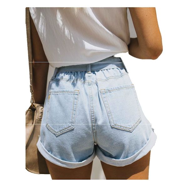 Kvinners Casual Høy Midje Belte Elastisk Midje Rull Hem Denim Jean Shorts