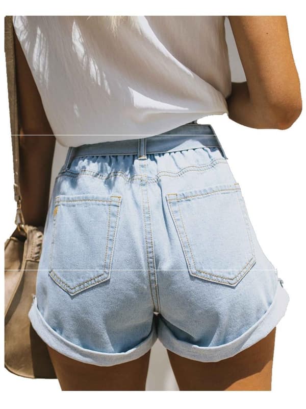 Kvinnors Casual Högmidjade Bältade Elastiska Midja Rullade Fåll Denim Jean Shorts