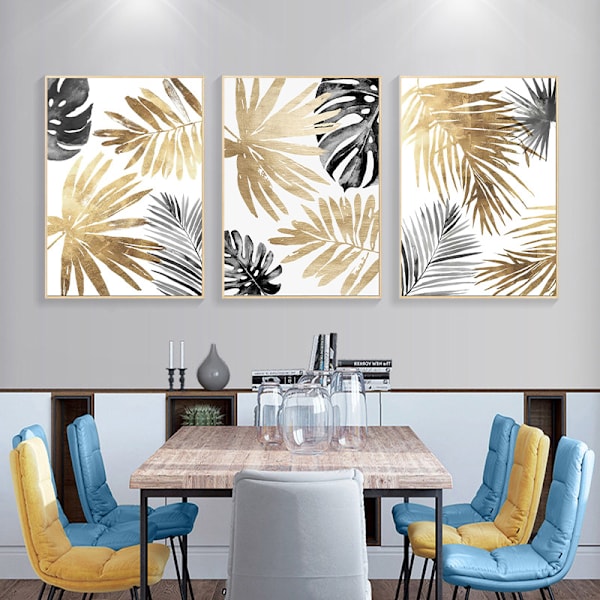 3 stycken skogsträd gyllene palmblad canvasmålning väggkonstbild för vardagsrum sovrum heminredning 30x40cm (ingen ram)