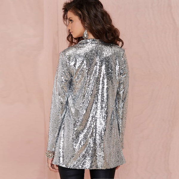 Dame Sequin Jakke Åben Front Blazer Casual Langærmet Cardigan Frakke L