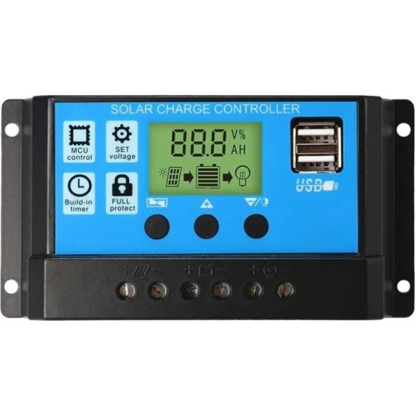 PWM laddningskontroll för solpaneler, 12V/24V, 30A, LCD-skärm, dubbla USB portar