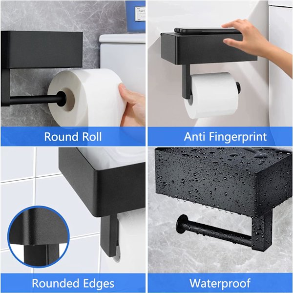WC-paperitelineen seinäkiinnike mustana, seinään kiinnitettävä WC-paperiteline pesuhuoneisiin ja keittiöihin