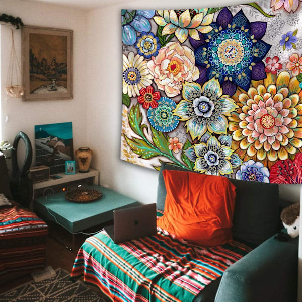 Fargerik blomsterteppe veggteppe, lyst boho stoff blomstteppe