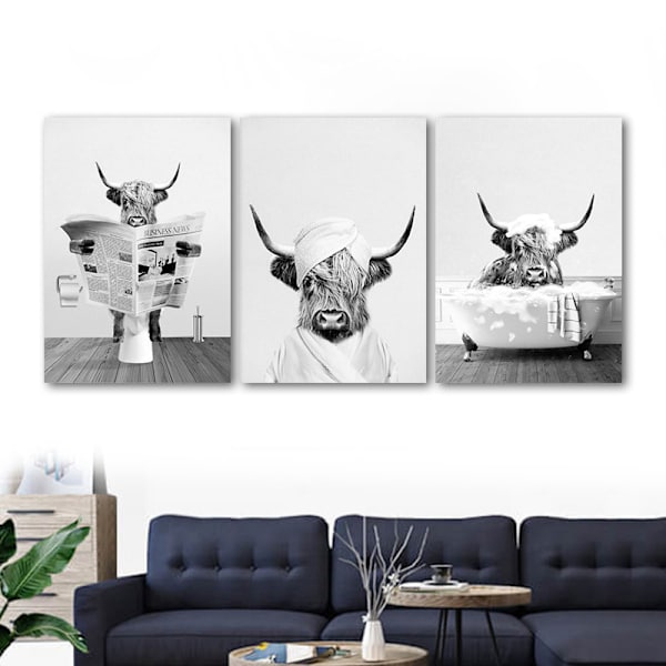 Set med 3 badrumsaffischer - Highland Cow-mönster - Svartvitt väggtryck - 30x42 cm