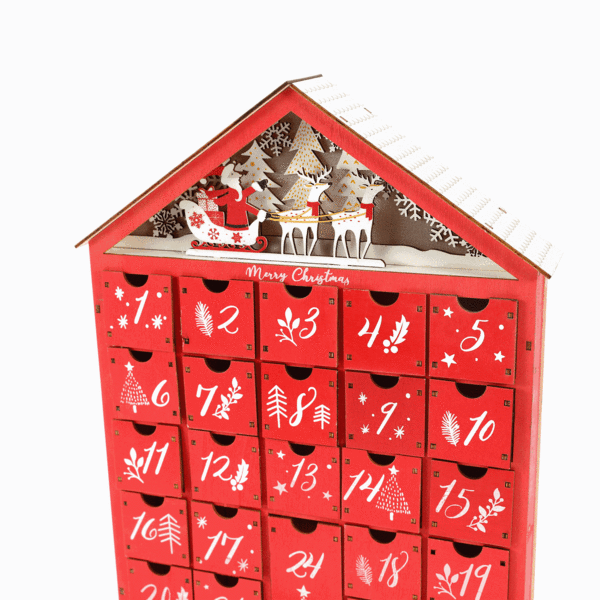 Stor gjenbrukbar tre-adventskalender med belysning og 24 skuffer