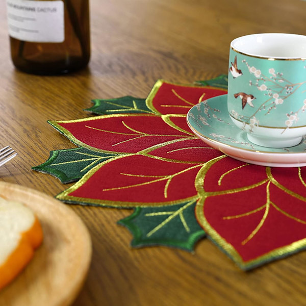 Julduk, Röda Julstjärnor Broderade Dukar, 16 Tum Runda Jul Broderade Dukar, Julblommformad Duk för Jul