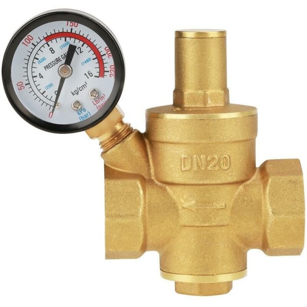 DN20 Justerbar Vann Trykkreduksjonsregulator, Messing Vann Trykkreduksjonsventil + Trykkmåler Vann Trykkmåler (DN20)