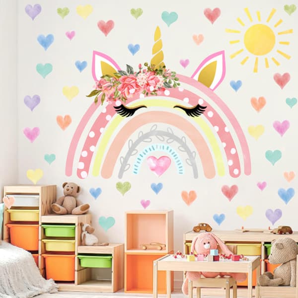 Väggdekaler för Barn Flicka Regnbåge Väggdekaler Mural Enhörning Regnbåge Sol Dekaler kompatibel med Flickrum Barnrum Babyrum