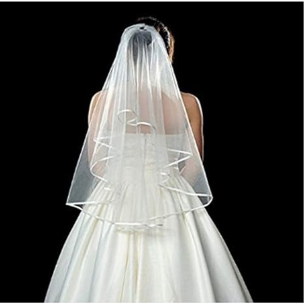 ZiYan White Double Ribbon Edge Center Cascade Bridal Wedding Veil with Comb