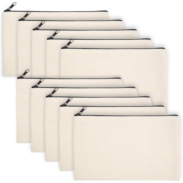 10-pakning tomme DIY-håndverksposer i lerret, tomme sminkepunger - beige lerretspennposer