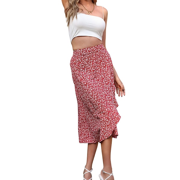 Kvinners Boho Floral Knot Høy Midje Wrap Slit Midi Kjole rød l