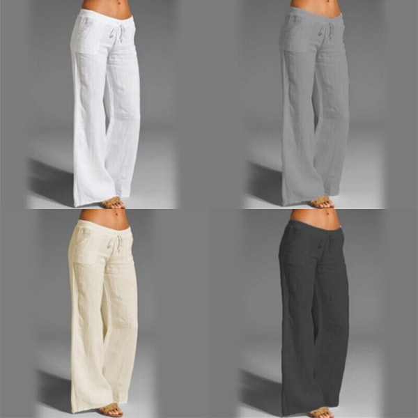 1stk bomullslinbukser for kvinner med brede ben Baggy uformelle elastiske midjebukser