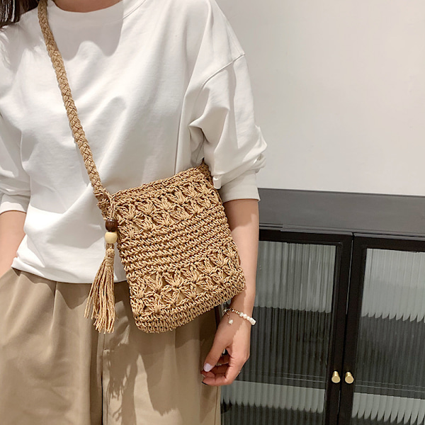 Dame Halmveske, Dame Liten Halm Stoff Skulder Bag, Strand Halmveske, Heklet Crossbody Bag, Flettet Veske Liten Sommer Bag Raffia Effekt Veske wit