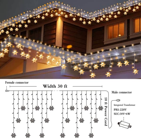 Fargerike LED-gardinlys, julelys med snøfnugg, 9M