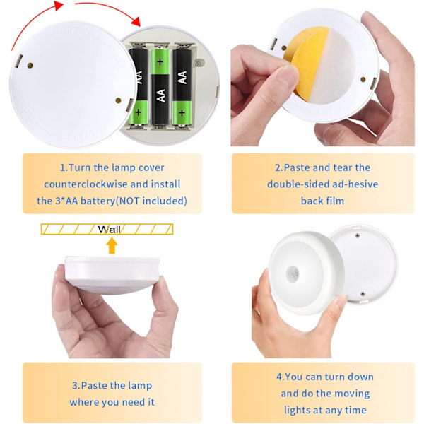 Rörelsesensor Nattlampa Inomhus, Varmvitt Under Cabinet Ljus Trådlös LED Puck Ljus Batteridriven 6 Pack 3 AA Batteri (ingår ej)