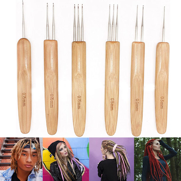 6 kappaletta Dreadlock-virkkuukoukkua 0,5 mm 0,75 mm Hiusten Dreadlock-neula