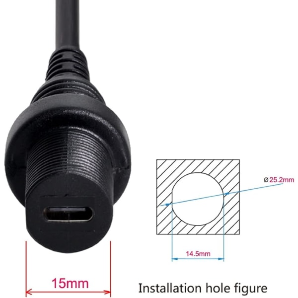 Vanntett USB C-kabel, USB 3.1 Type C hann til hunn, dataforlengelseskabel