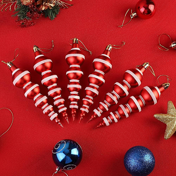 Julgransprydnader, 6 stycken röda och vita istappformade julgranshängen, 14 cm glitteristappar
